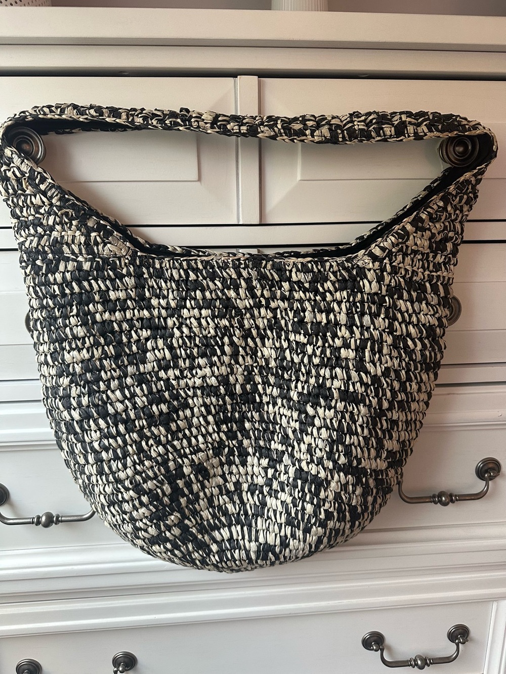 Banana Republic Black & Cream Raffia Woven Shoulder Tote Bag